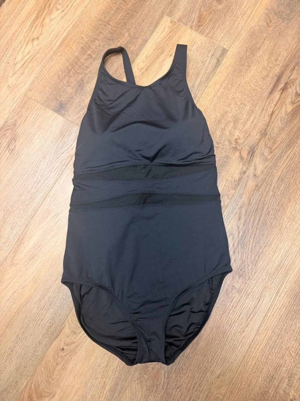 Lands’ End Black Mesh One Piece Swimsuit M Tummy Control UPF 50 High Neck